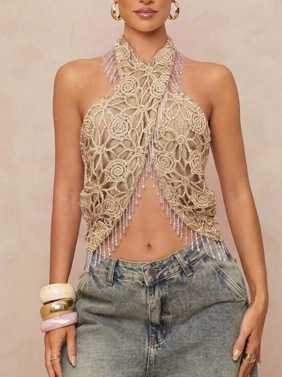 Tops - Gold Party Women's Floral Hollow Textured Halter Crop Top